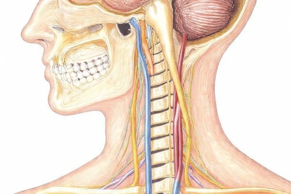 illustration of the nervous system with labeled brain, spinal cord, and nerves