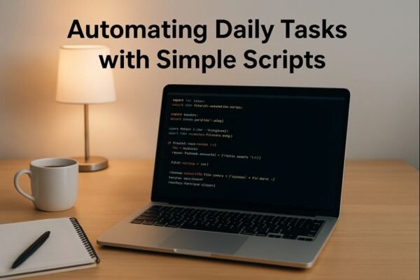 Laptop showing automation scripts on a tidy workspace with coffee and stationery