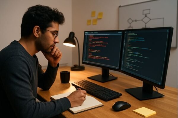 A programmer reviewing code errors on dual monitors while applying debugging strategies in a calm, organized workspace.