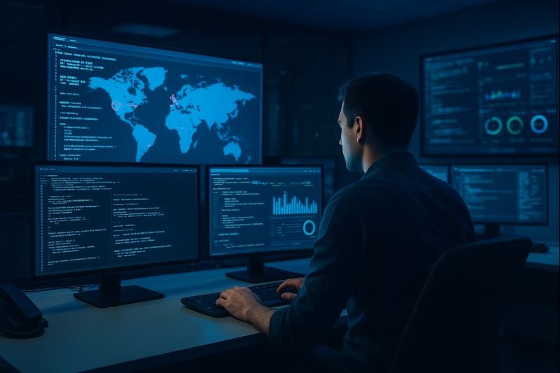 Cybersecurity analyst monitoring automated scripts and threat dashboards in a modern security operations center.