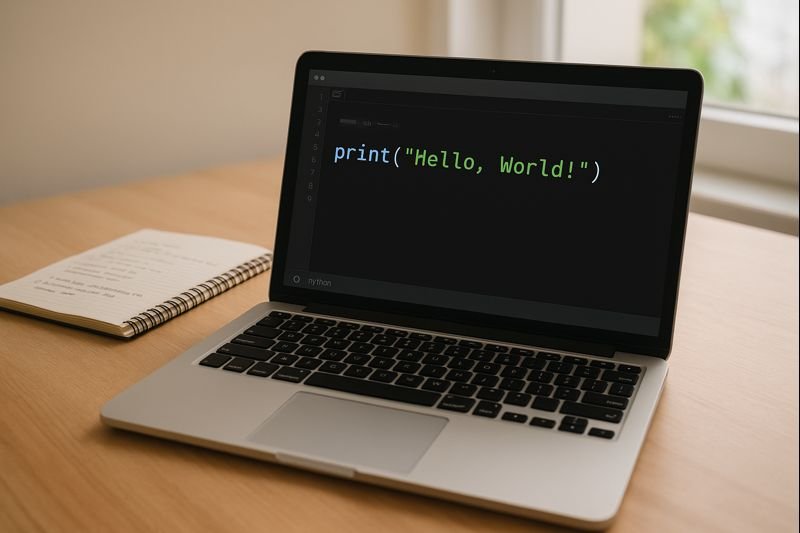 Beginner coding workspace with a laptop displaying a simple script in a code editor, notebook and pen on a desk