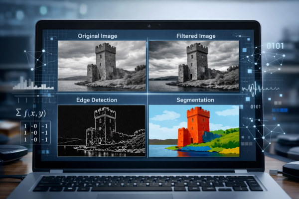 Digital image processing workflow showing original image, filtering, edge detection, and segmentation on a computer screen