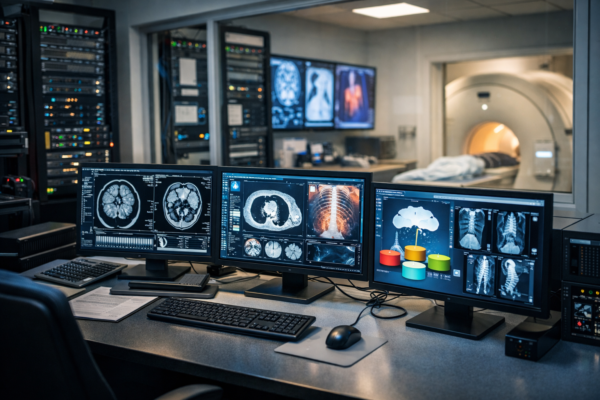 Medical imaging control room displaying MRI and CT scans with storage servers and network equipment.