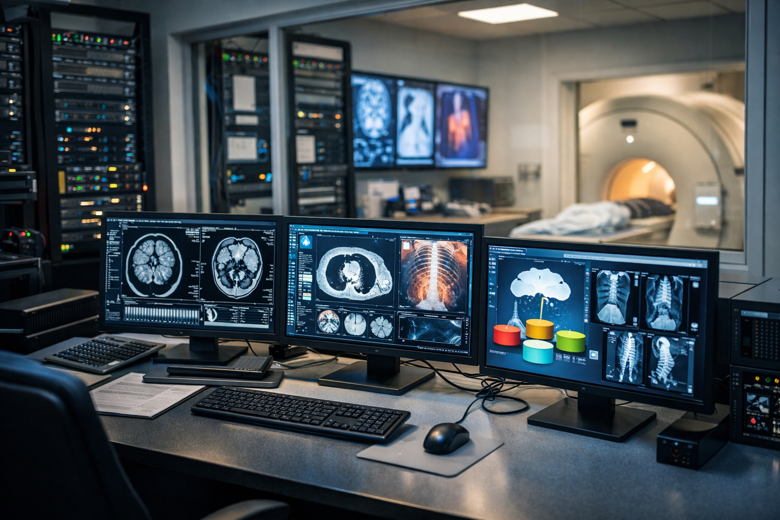 Medical imaging control room displaying MRI and CT scans with storage servers and network equipment.