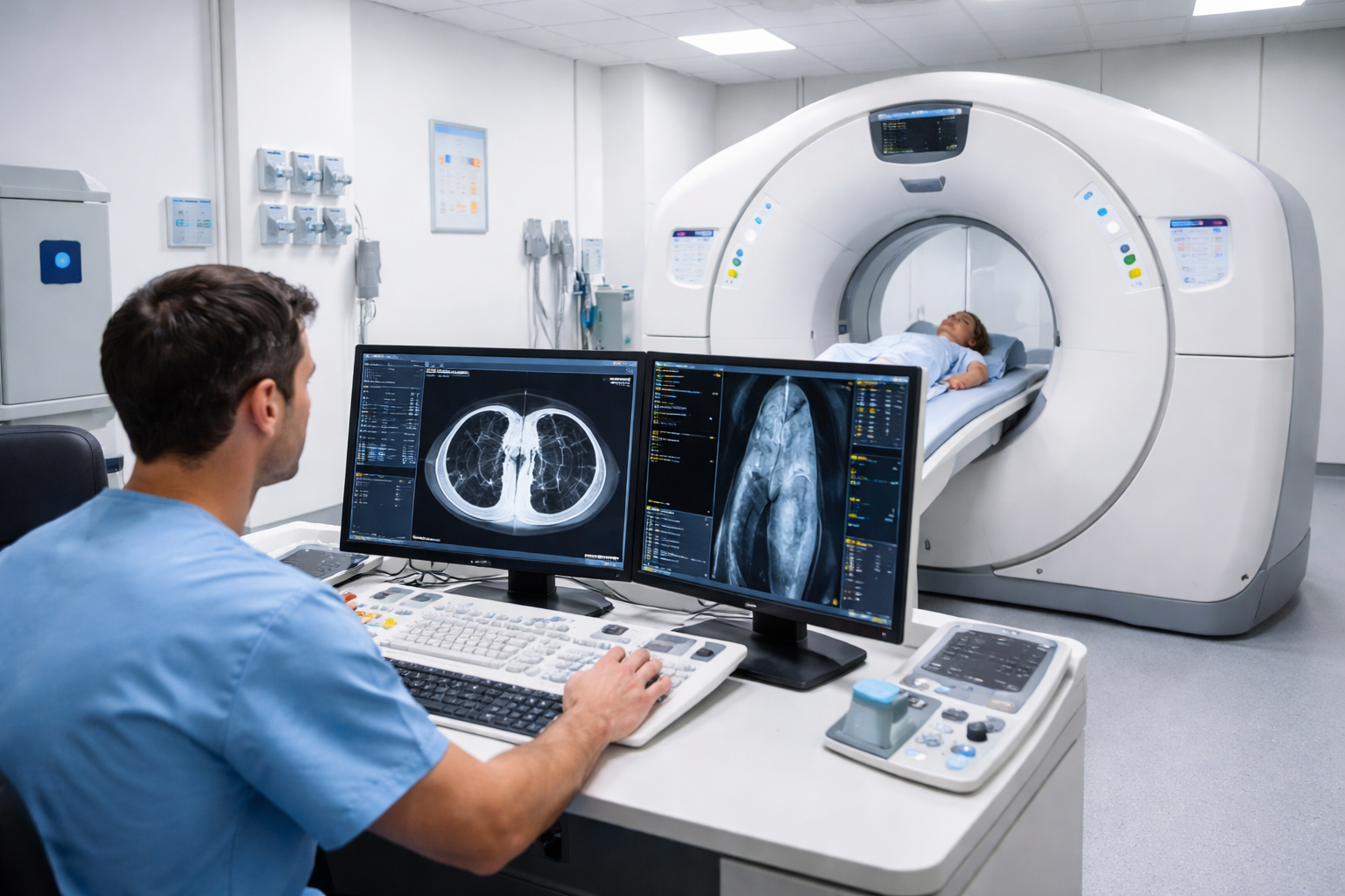 Medical imaging safety: Radiologist performing a CT scan in a hospital radiology room