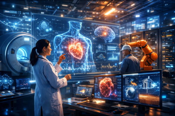 Future imaging technology with AI-powered medical and industrial image analysis in a high-tech digital environment