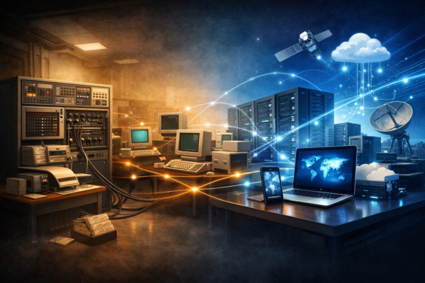 Evolution of the Internet from ARPANET mainframe computers to modern global digital networks