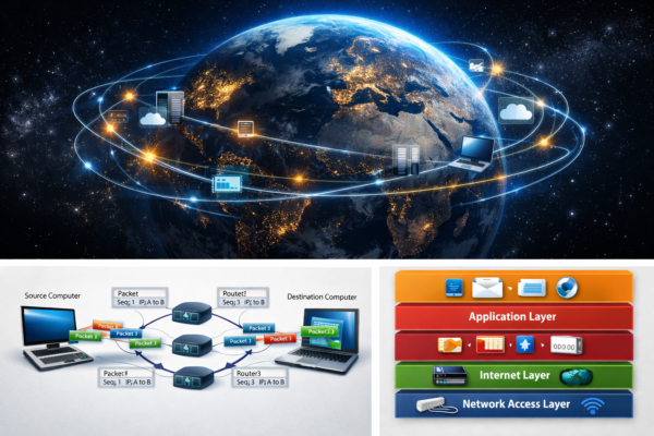 Global network connectivity illustration showing TCP/IP data packets traveling between devices and servers around the world.