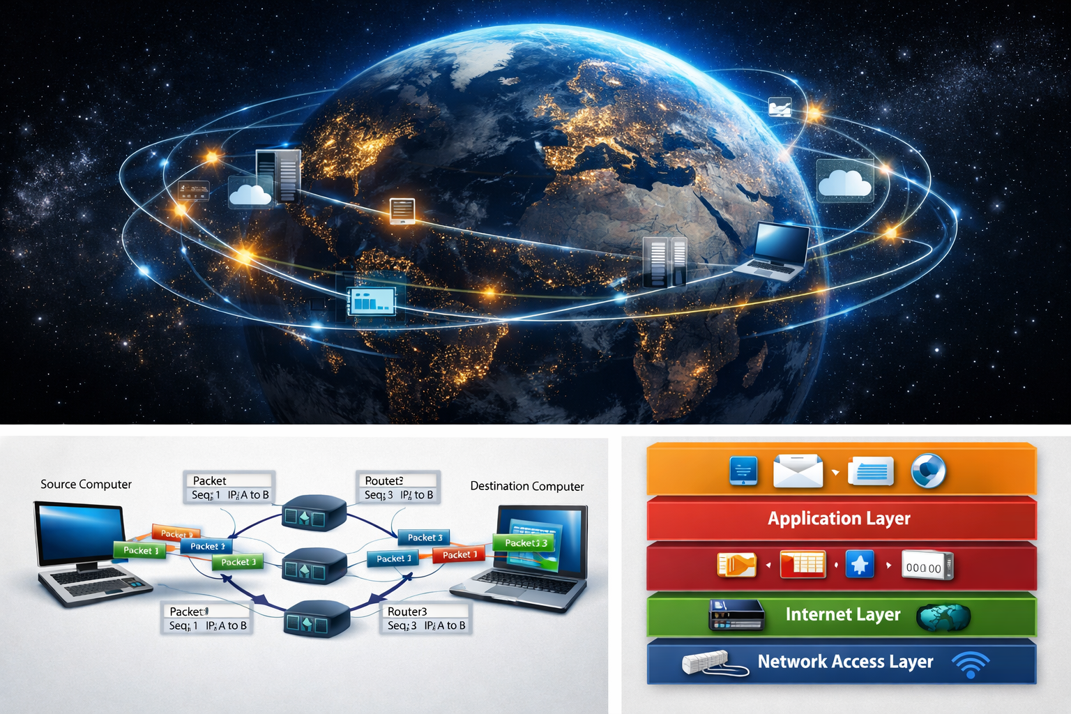 Global network connectivity illustration showing TCP/IP data packets traveling between devices and servers around the world.