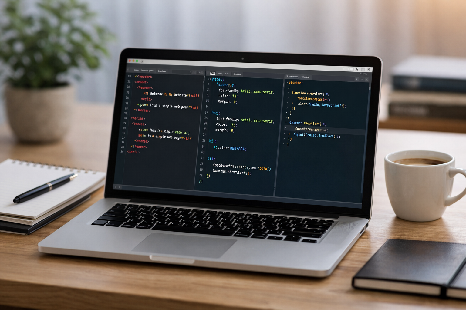 Laptop displaying HTML, CSS, and JavaScript code used in modern web development