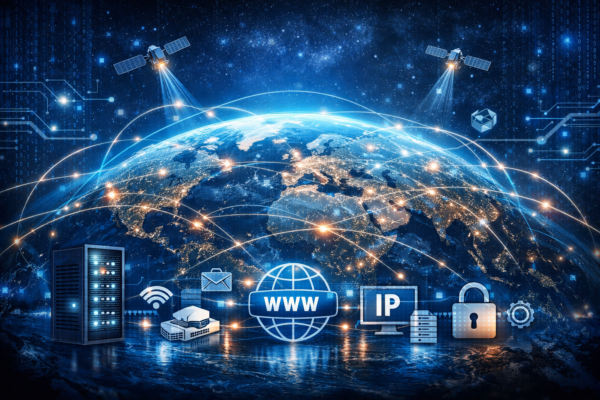 Global Internet infrastructure showing interconnected networks governed by international organizations