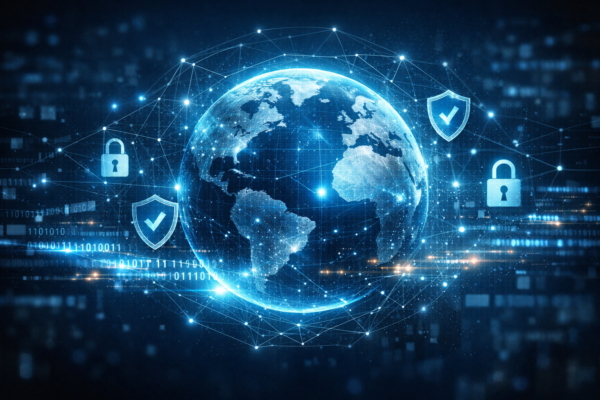 Global Internet network protected by cybersecurity shields and encryption symbols