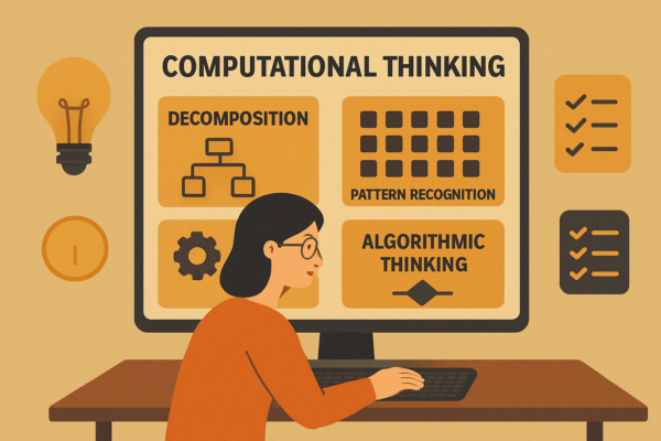 Featured image showing computational thinking as a central problem-solving skill connecting business, healthcare, finance, and education
