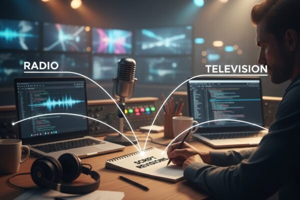A warmly lit writing desk showing the creative process for broadcast writing