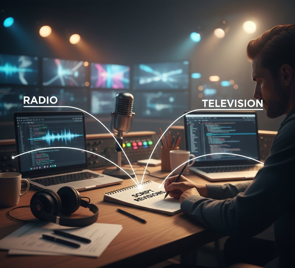A warmly lit writing desk showing the creative process for broadcast writing