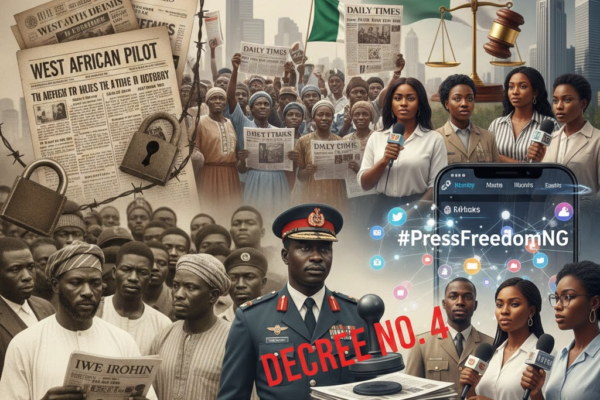 A complex montage illustrating Nigerian media history and press freedom struggles, featuring chained colonial newspapers like the West African Pilot, a military officer stamping "DECREE NO. 4" on documents, and modern journalists using smartphones with the hashtag #PressFreedomNG under the Nigerian flag.
