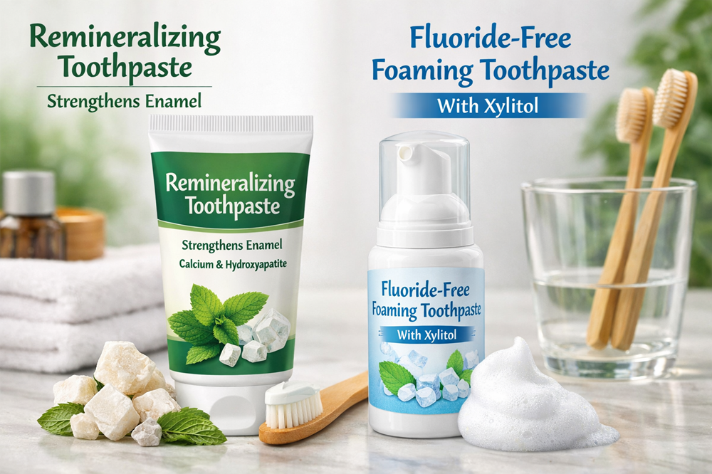 emineralizing toothpaste and Fluoride free foaming tooth paste with xylitol