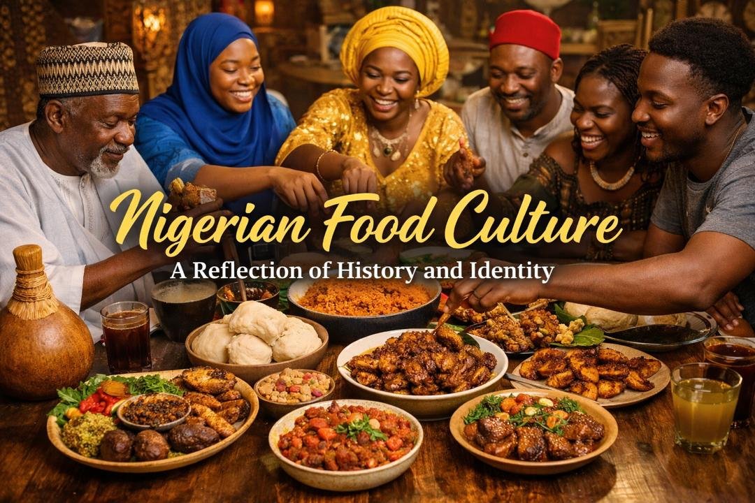 Nigerian food culture displayed through traditional dishes shared in a communal setting