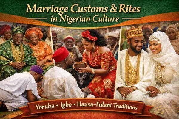 Marriage customs and rites in Nigerian culture featuring traditional Yoruba, Igbo, and Hausa-Fulani wedding ceremonies