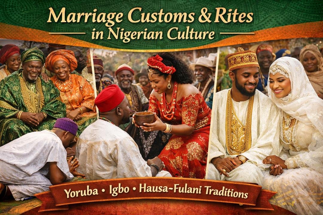 Marriage customs and rites in Nigerian culture featuring traditional Yoruba, Igbo, and Hausa-Fulani wedding ceremonies