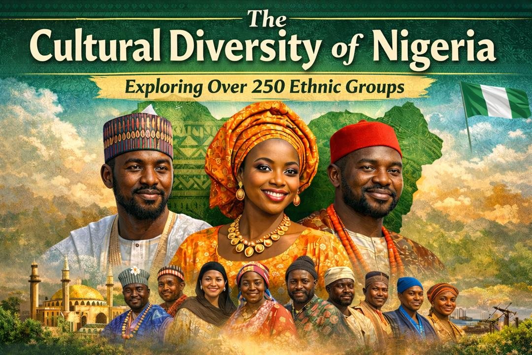 A vibrant cultural illustration showing Nigerians from different ethnic groups in traditional attire, with a faded map of Nigeria and cultural symbols in the background.