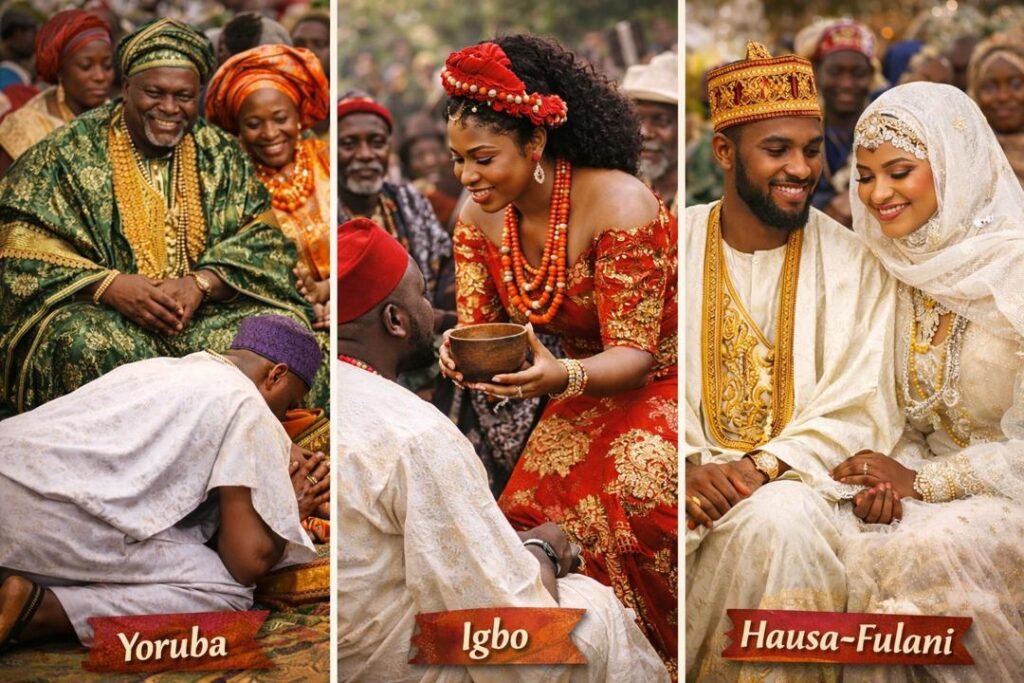 Marriage customs and rites in Nigerian culture showing Yoruba, Igbo, and Hausa-Fulani traditional wedding ceremonies.