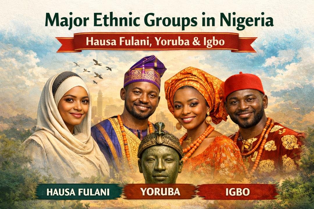 An artistic image highlighting the three major ethnic groups. Hausa Fulani, Yoruba, and Igbo wearing distinctive traditional clothing and accessories.