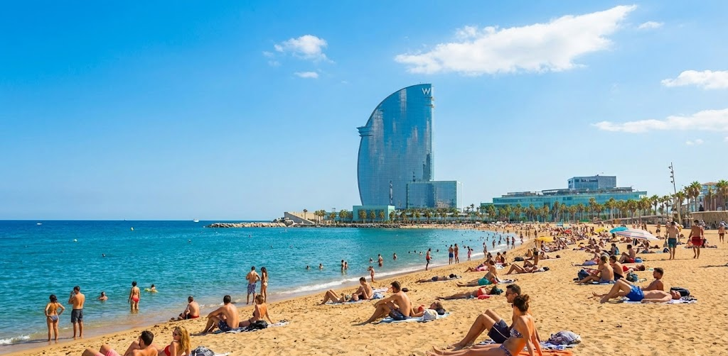 A sunny day at Barceloneta Beach with golden sand, blue Mediterranean water, and the modern sail-shaped W Hotel building in the background.