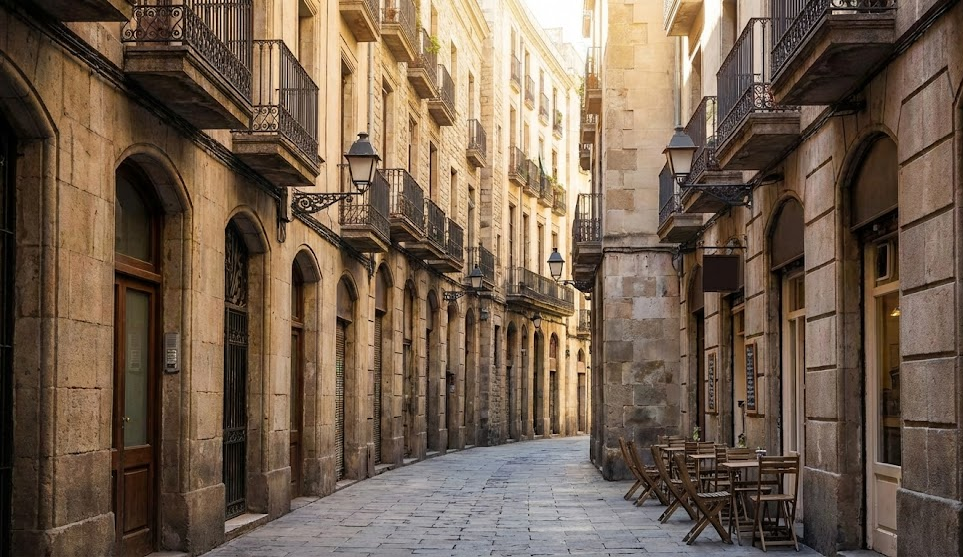 A narrow, atmospheric cobblestone street in Barcelona's Gothic Quarter (Barri Gòtic) with medieval stone buildings and traditional balconies.