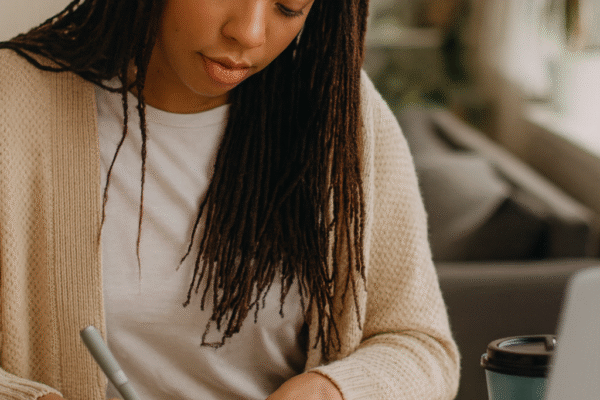 A young woman writing in a notebook at a desk in a home office, illustrating feature writing and the creative process of turning ordinary topics into engaging stories.