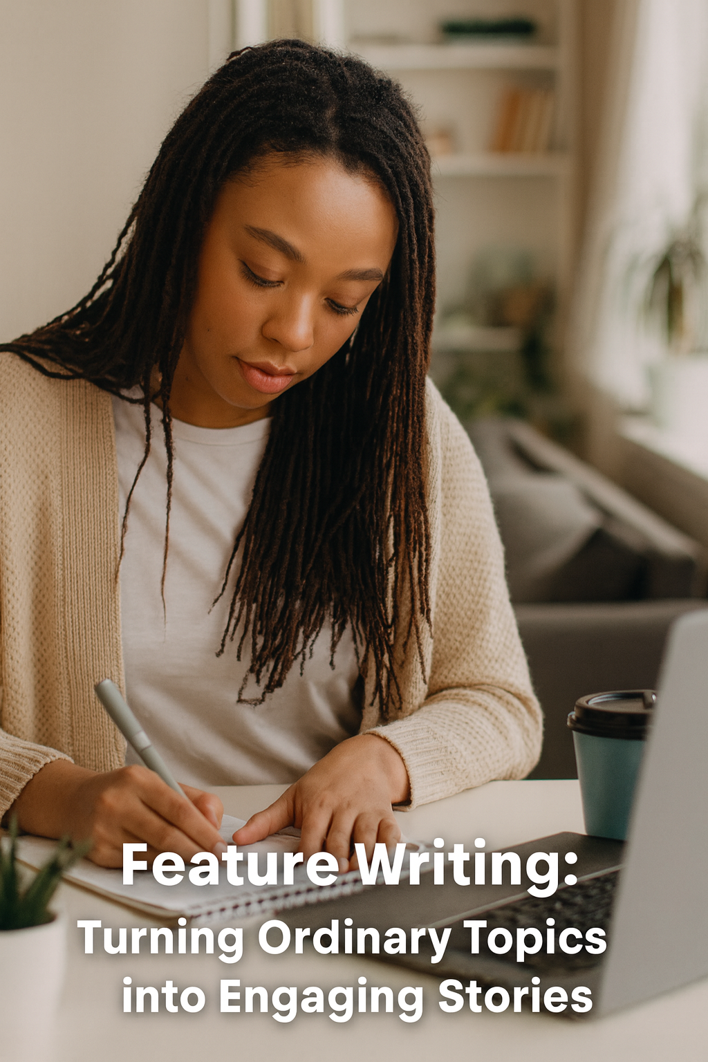 A young woman writing in a notebook at a desk in a home office, illustrating feature writing and the creative process of turning ordinary topics into engaging stories.