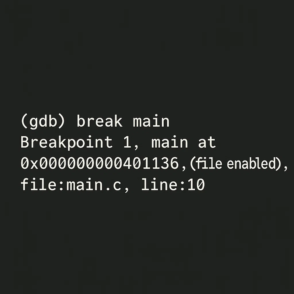 GDB terminal showing a breakpoint set at the start of the main function using the 'break main' command.