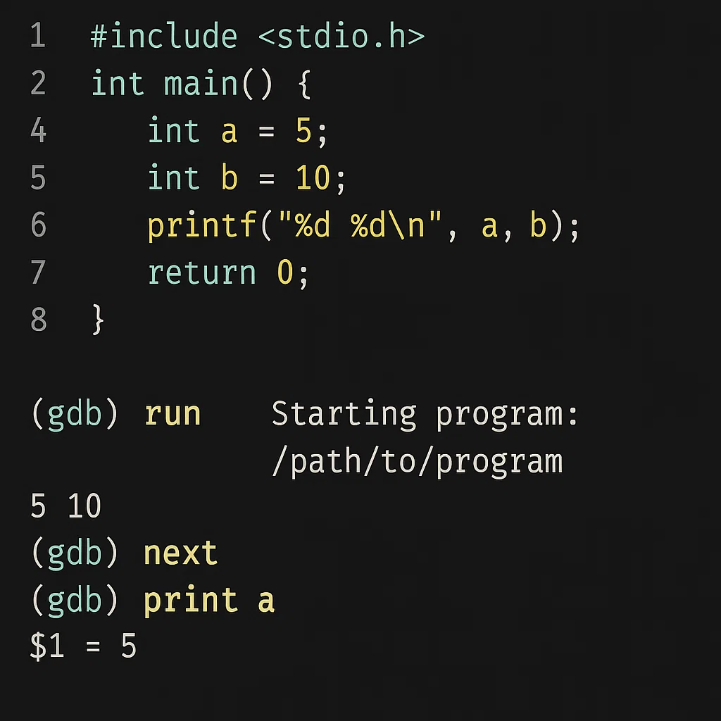 Screenshot of the GDB terminal showing a C program execution with commands like 'run', 'next', and 'print' used for debugging.