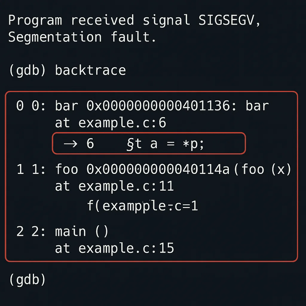 GDB terminal showing backtrace output after a segmentation fault, displaying the call stack and error location.