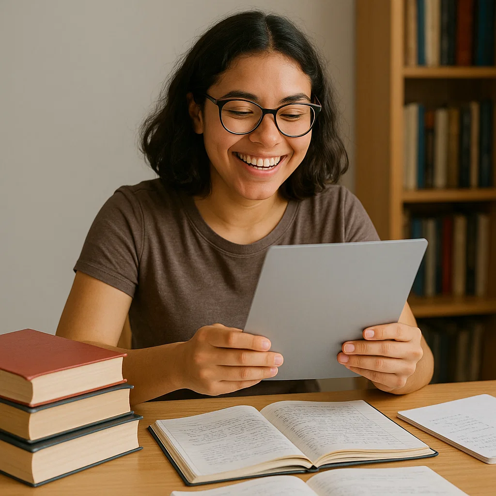 Teen smiling at improved grades while studying at a desk.