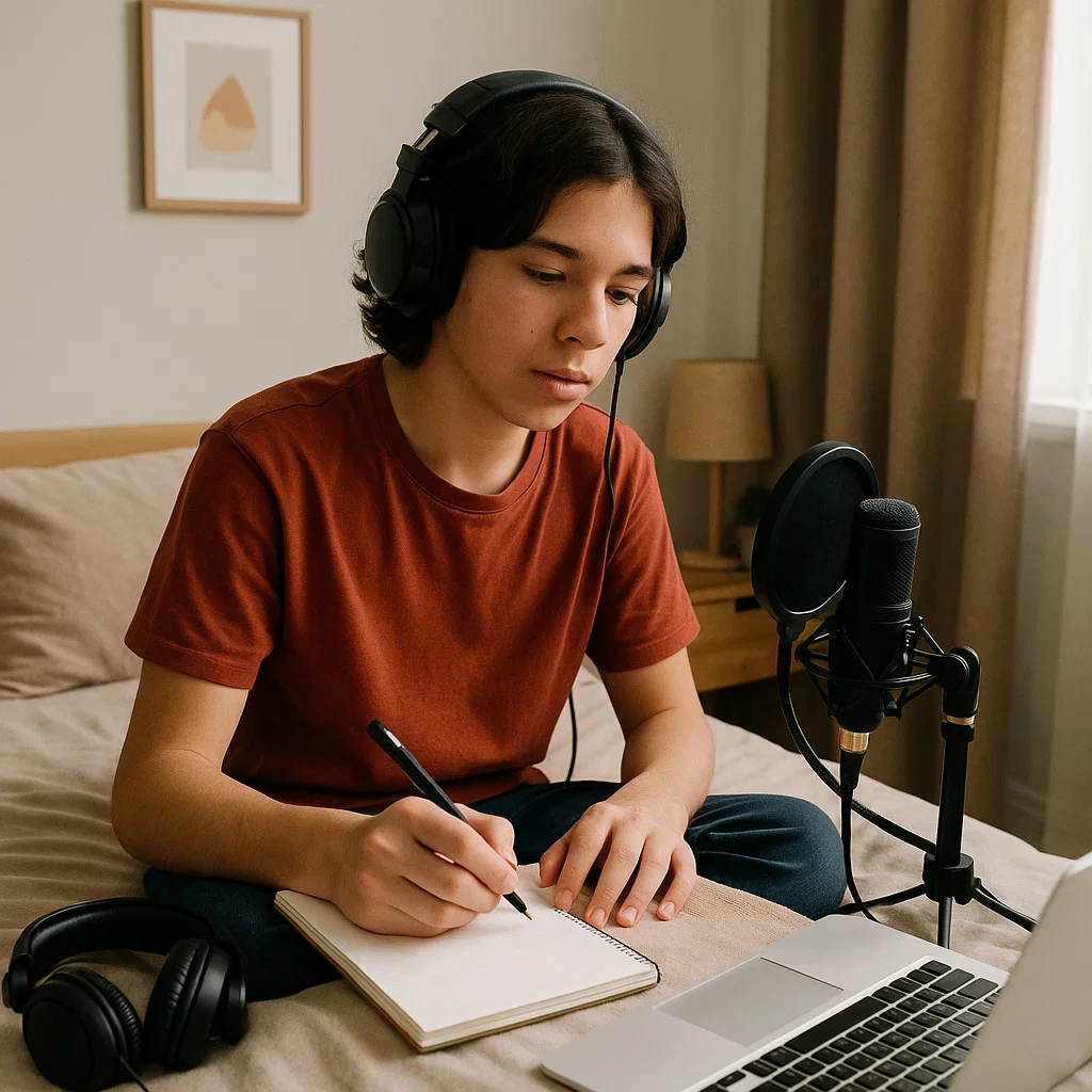 Teen creating music and writing lyrics in a home studio setup.