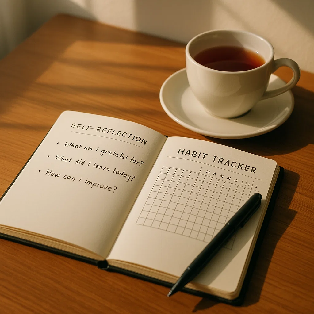 Open journal on a desk symbolizing self-reflection and tracking personal habits for self-improvement.