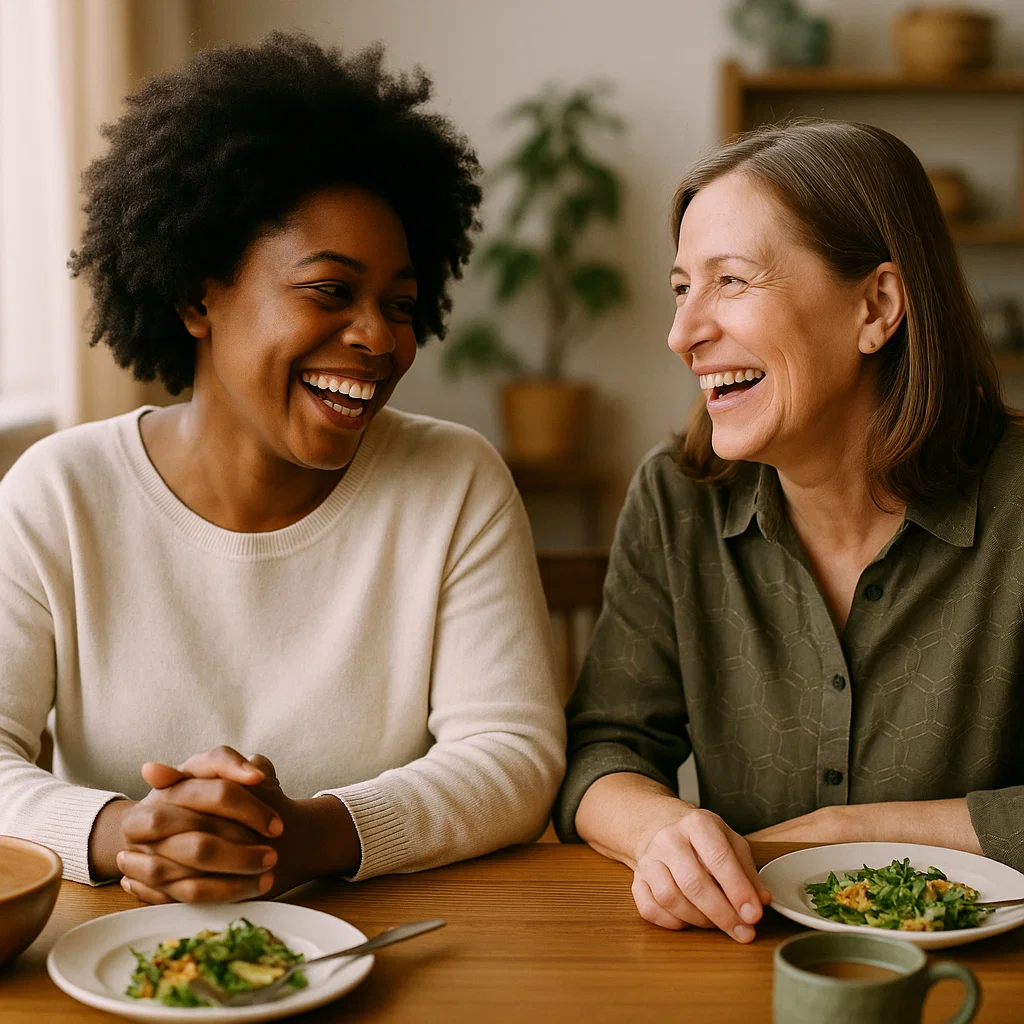 Friends enjoying quality time together without using phones, demonstrating the benefits of reducing screen time.