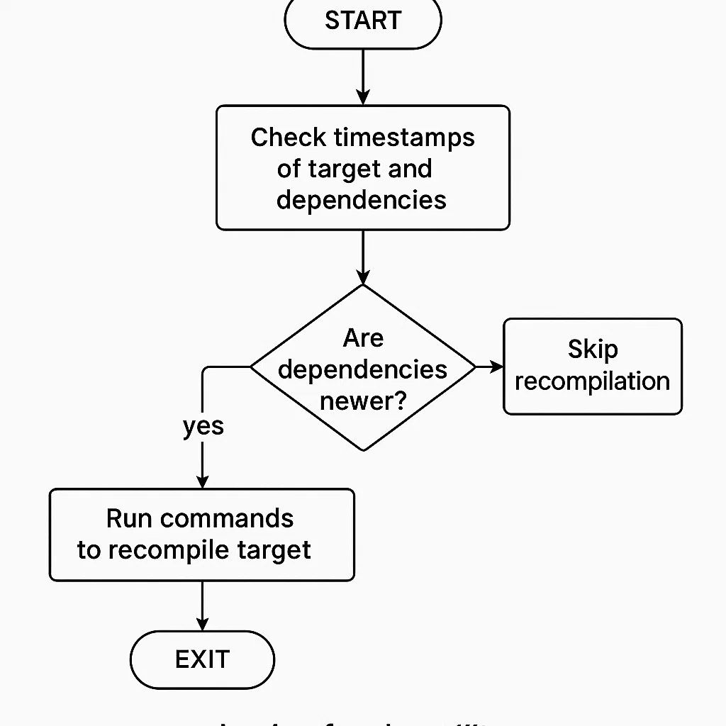 Flowchart showing how the make utility compares timestamps of targets and dependencies to determine whether recompilation is needed.