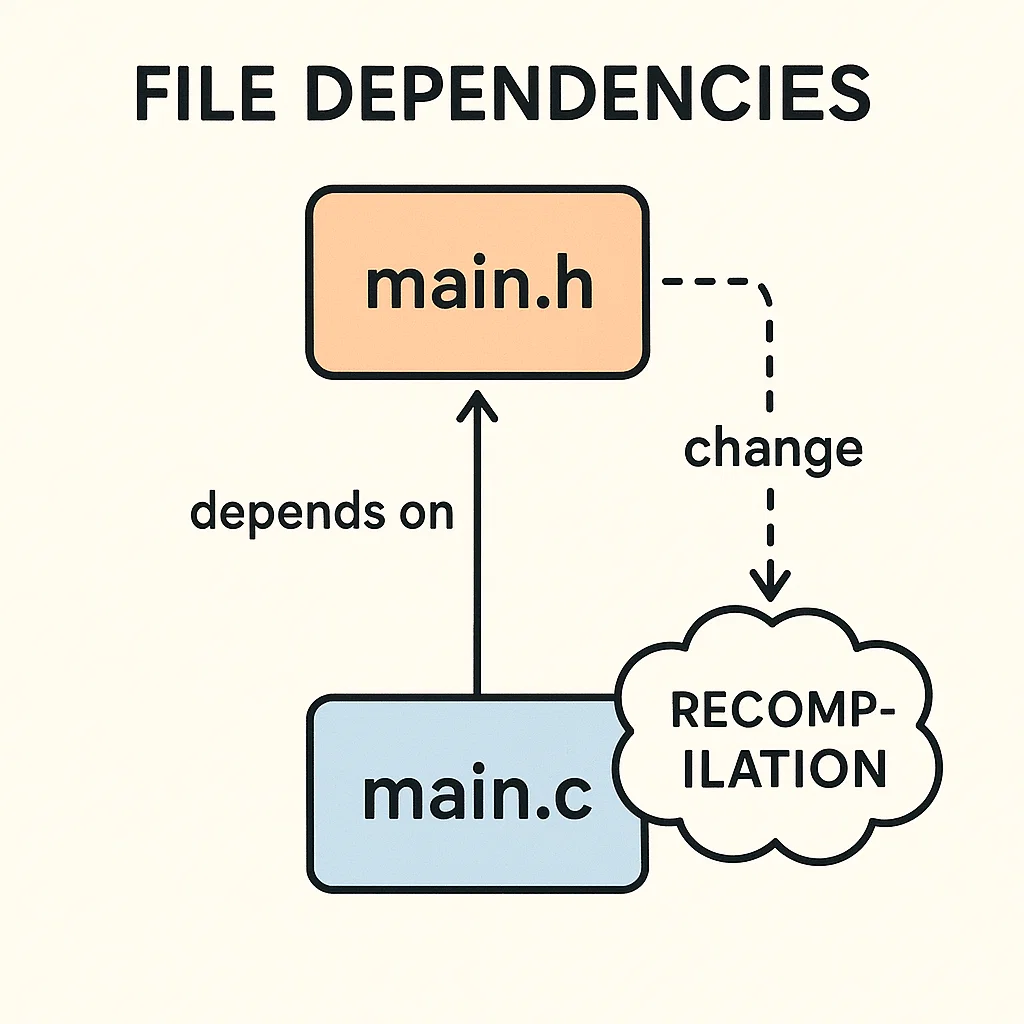 Dependency diagram showing how a .c file is dependent on a .h file and how changes to the header file trigger recompilation of the source file.