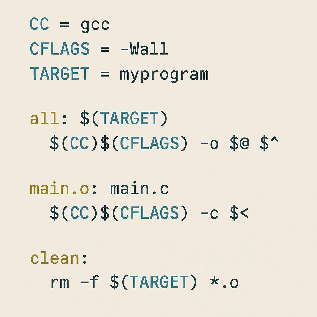 A simple Makefile structure showing variables for compiler and flags, along with rules for compiling object files and linking the final program.