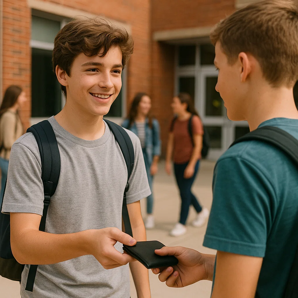 Teenager returning a lost wallet to its owner on school campus