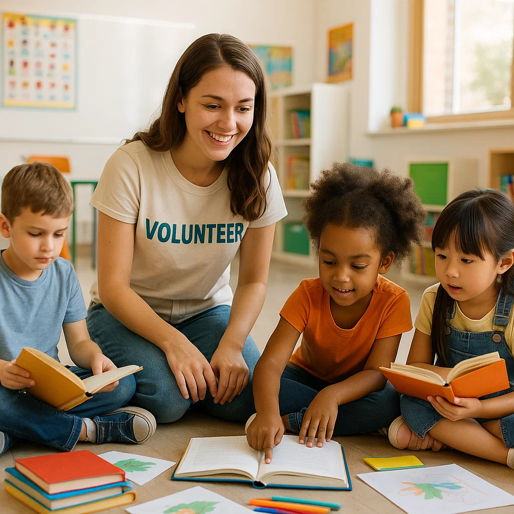 Young volunteer teaching children literacy skills at a community center