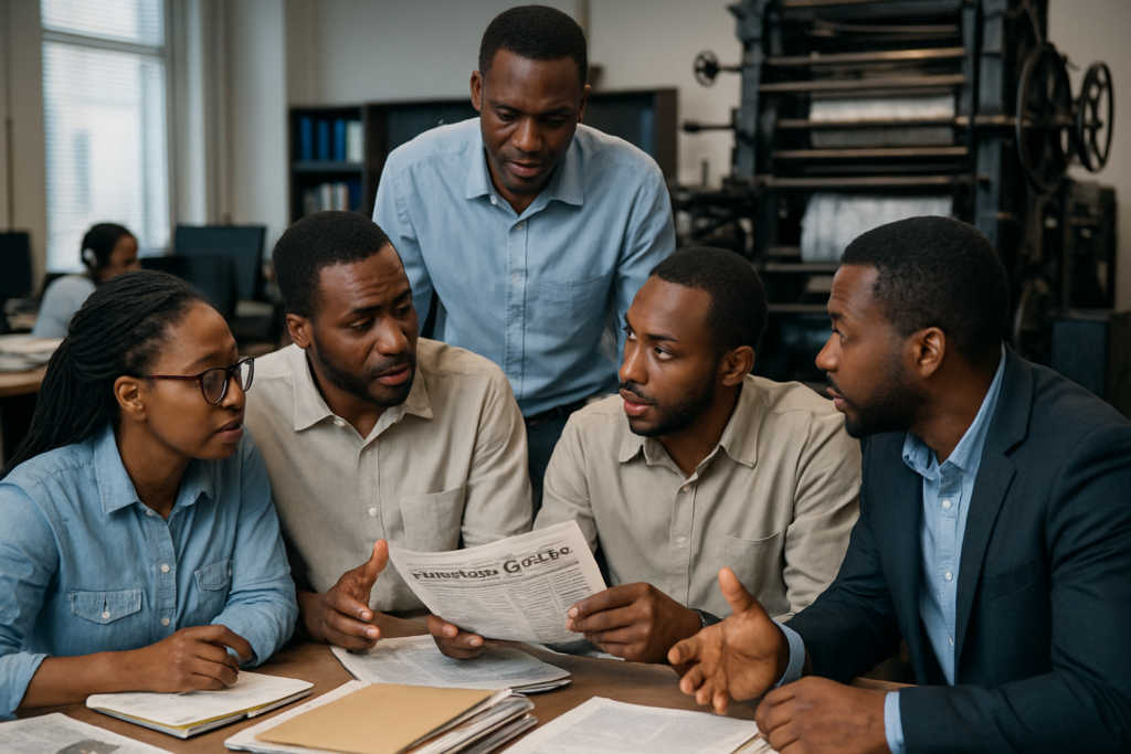 Media professionals discussing newspaper content beside a printing press, illustrating the evolution of mass media in Nigeria