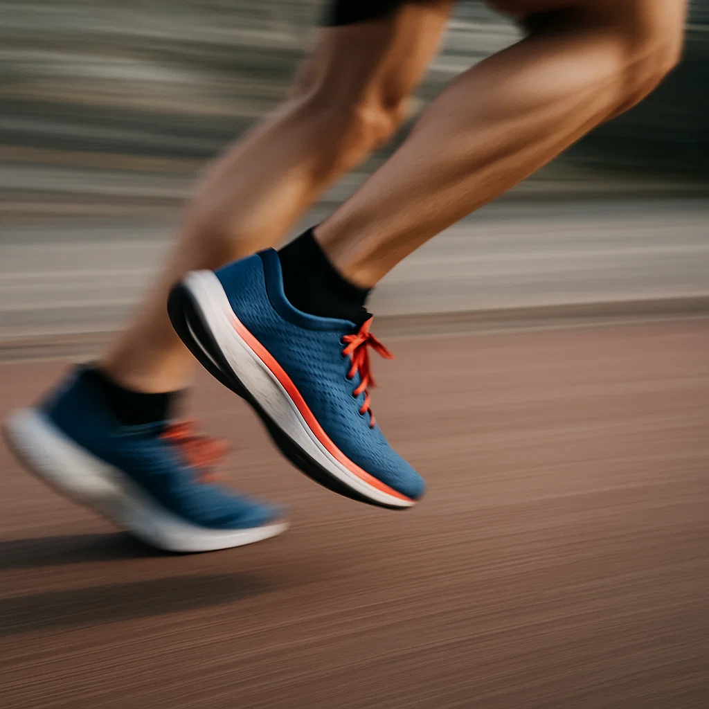 Close-up of legs and running shoes in motion during outdoor running.