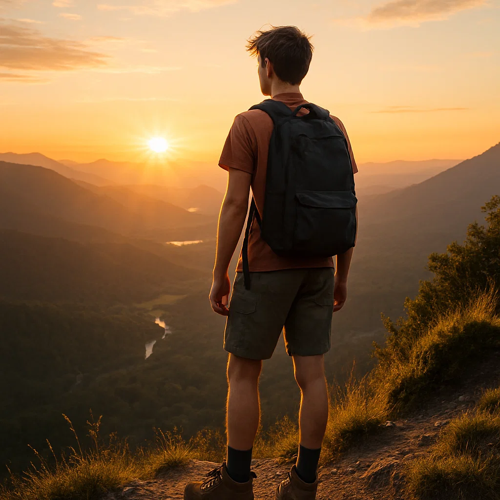 Teen enjoying a scenic mountain view while hiking at sunrise.