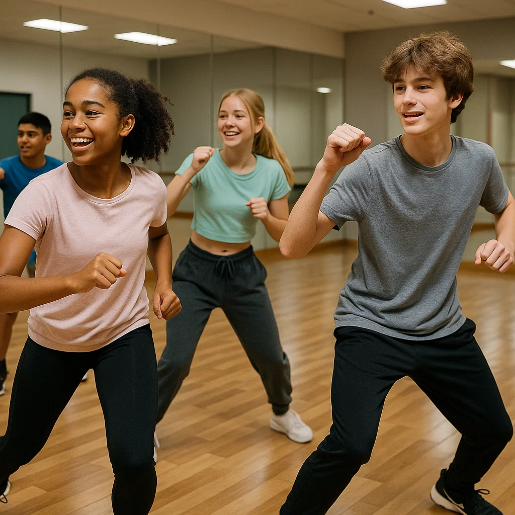 Teenagers practicing dance moves together in a dance studio.