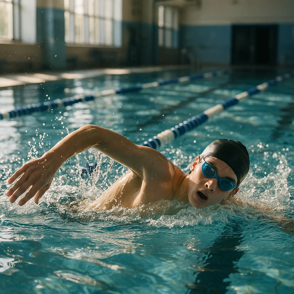 Teen swimming freestyle in an indoor pool, practicing physical exercise.