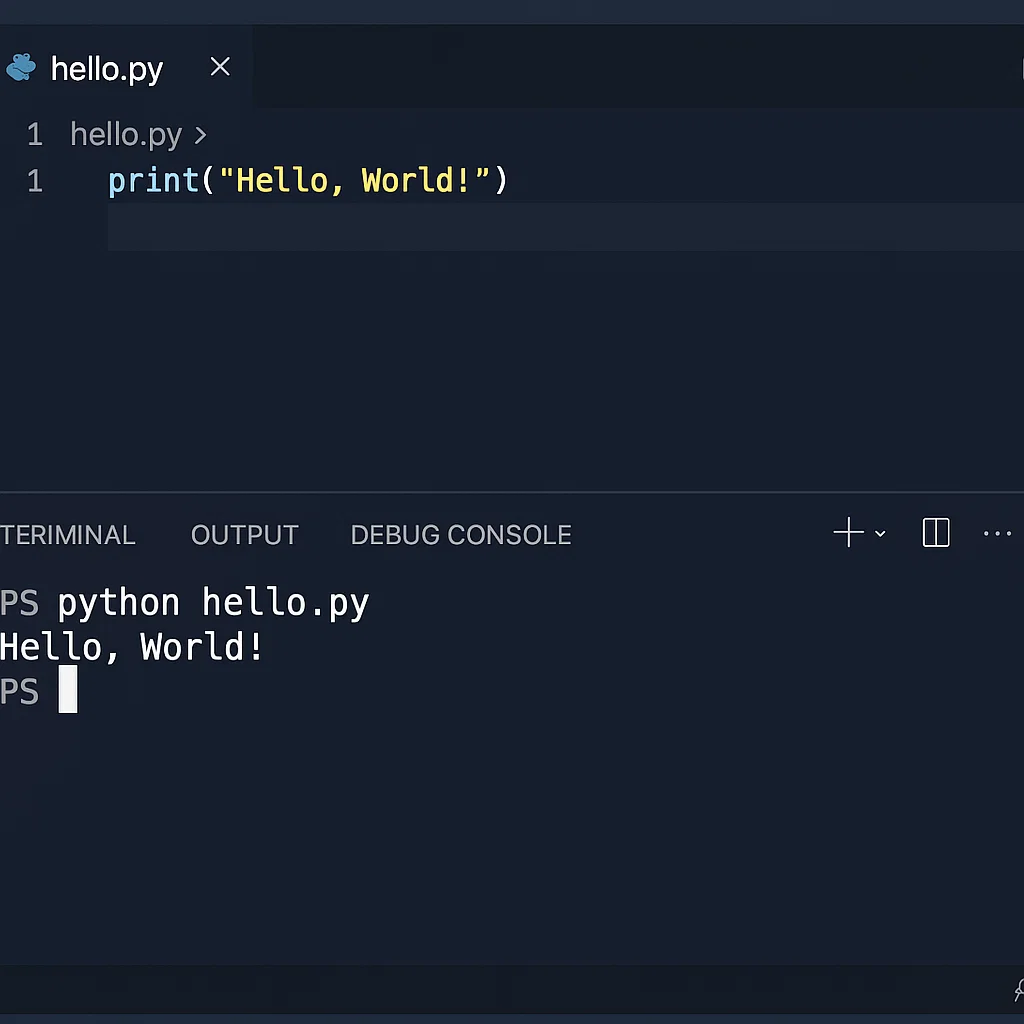 VS Code showing a Python 'Hello, World!' program with output in the integrated terminal.