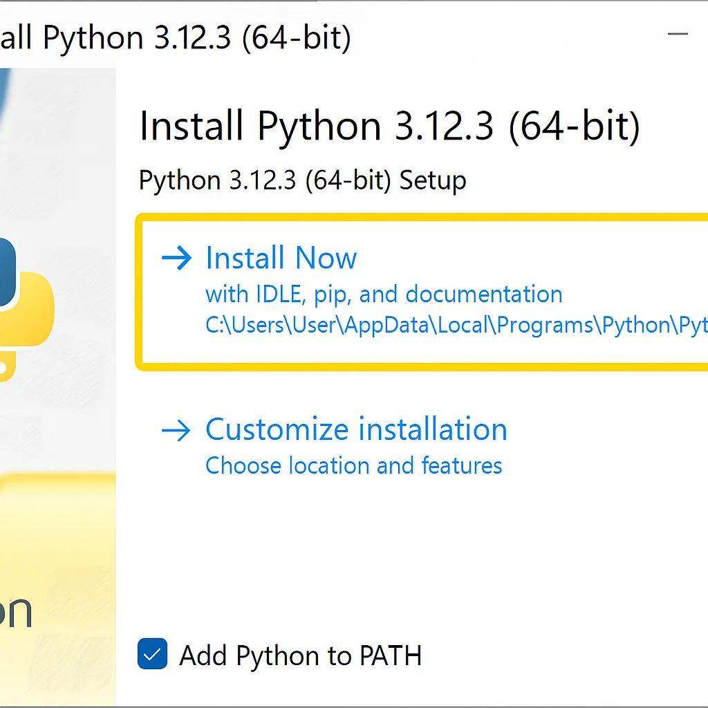 Python installer for Windows showing the 'Add Python to PATH' checkbox and the 'Install Now' button.